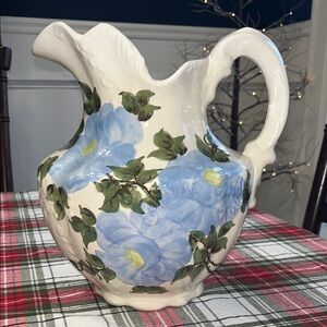 MCM 1945 Floral Ceramic Pitcher with Blue and Green Design